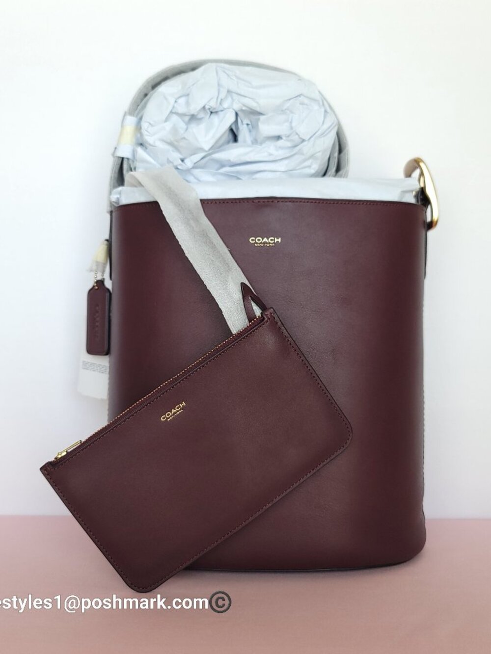 COACH Bleecker Large Bucket Bag with Pouch Natural Grain Leather-Merlot color⭐
